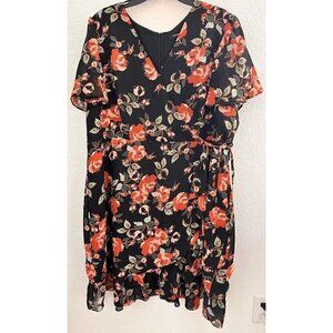 Sharagano Dress Sz 20W Black Floral Chiffon V-Neck Ruffle Hem Faux Wrap Romantic